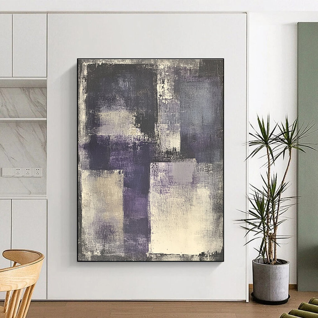 Large abstract painting of gray and purple with white accents featuring a vintage urban landscape and a central figure wearing headphones.STSC682