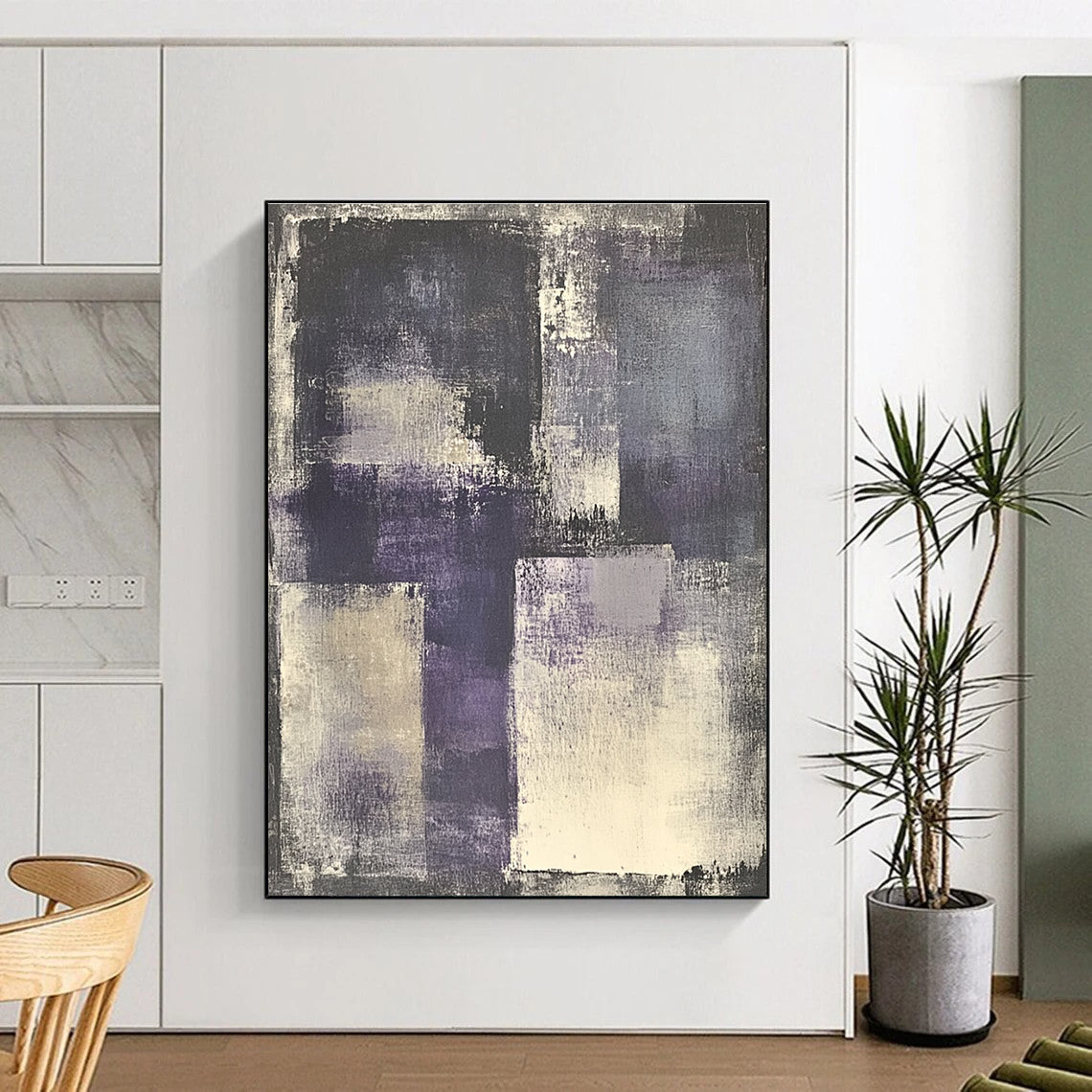 Large abstract painting of gray and purple with white accents featuring a vintage urban landscape and a central figure wearing headphones.STSC682