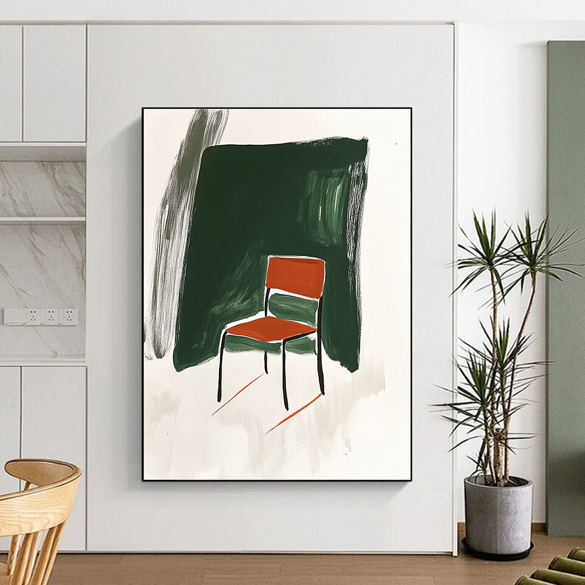 Abstract artwork featuring Minimalist Japandi style with a chair influenced by David Hockney in green and white background adorned with orange brush strokes.STSC1336