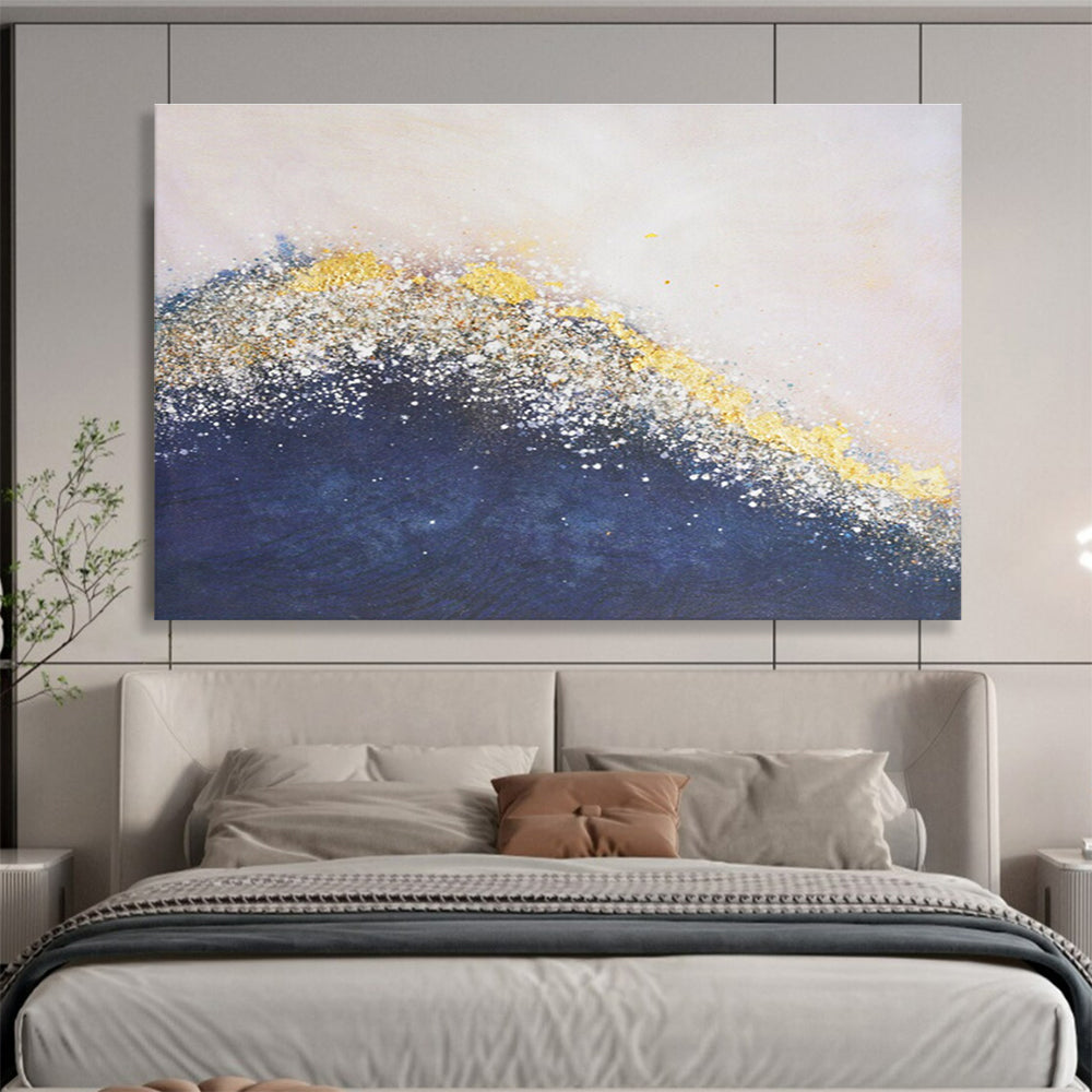 Glittering Wave Abstract Painting with Gold and Navy Hues THY270