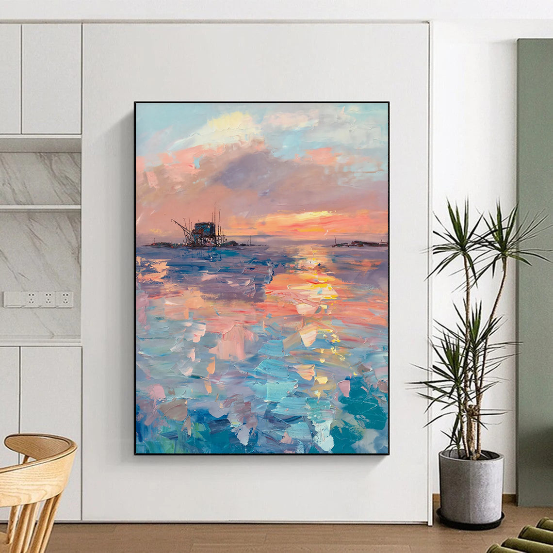 Sunset at Sea Abstract Painting with Colorful Reflections ADGE531