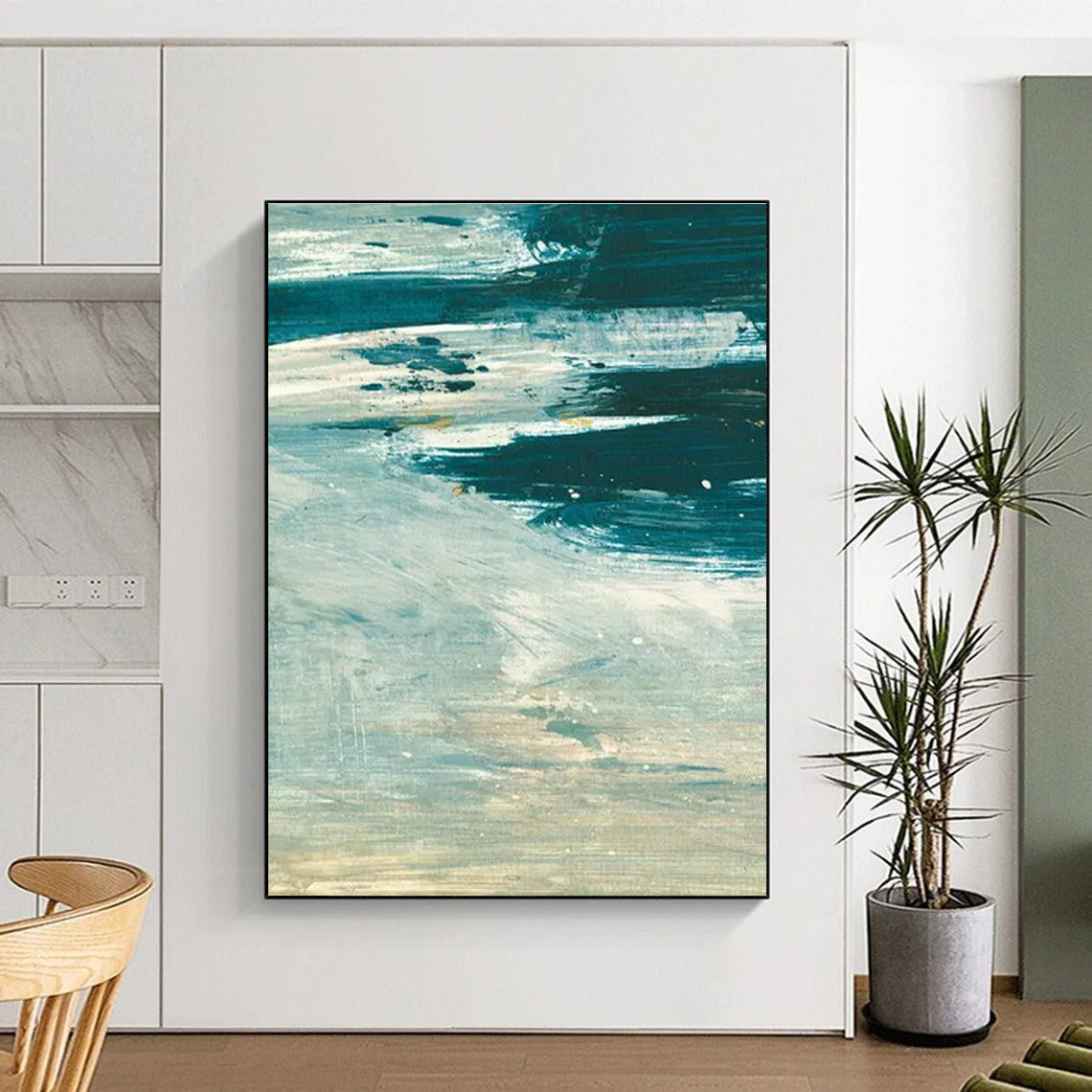 Teal and White Abstract with Textured Layers Painting ADGE176