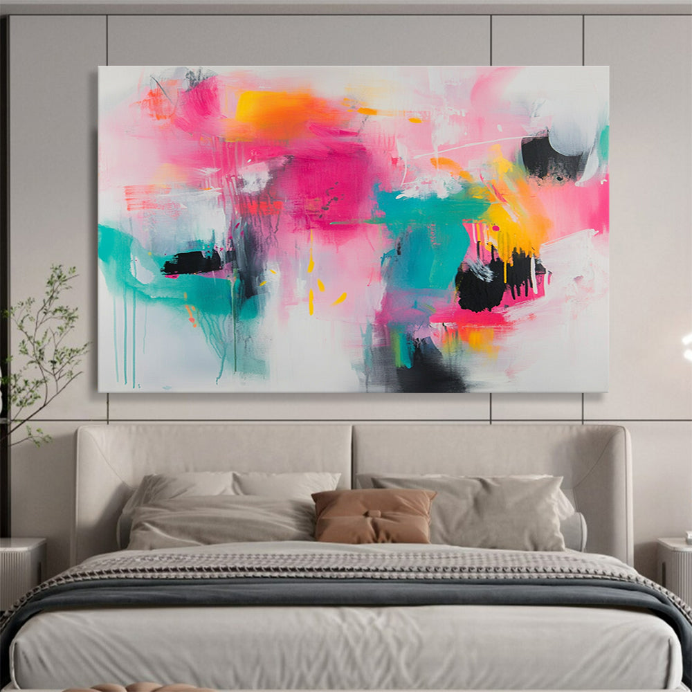 Large abstract painting featuring vibrant splashes of pink teal and yellow on a white background with loose brushstrokes and chaotic shapes.SC387