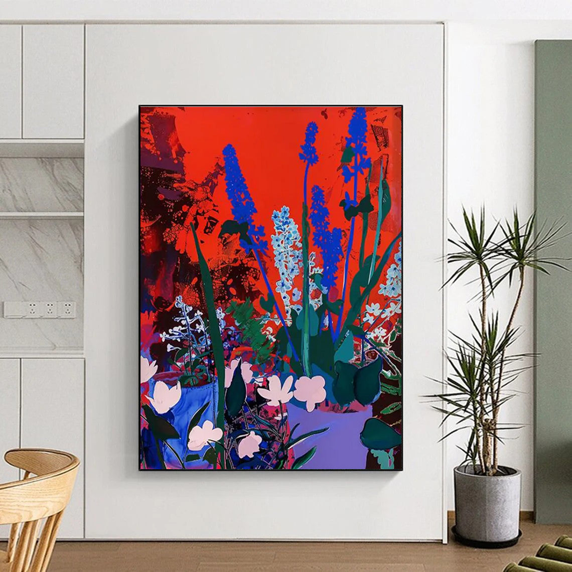 Blue Flowers on Red Background Abstract Painting ADGE100