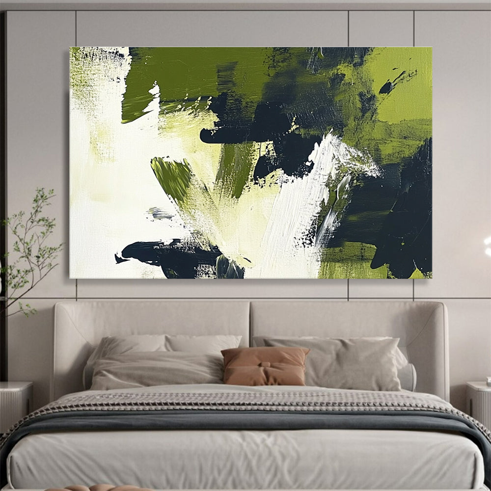 Large abstract painting featuring olive green and black brush strokes on white background, embracing minimalism and the essence of nature.SC248