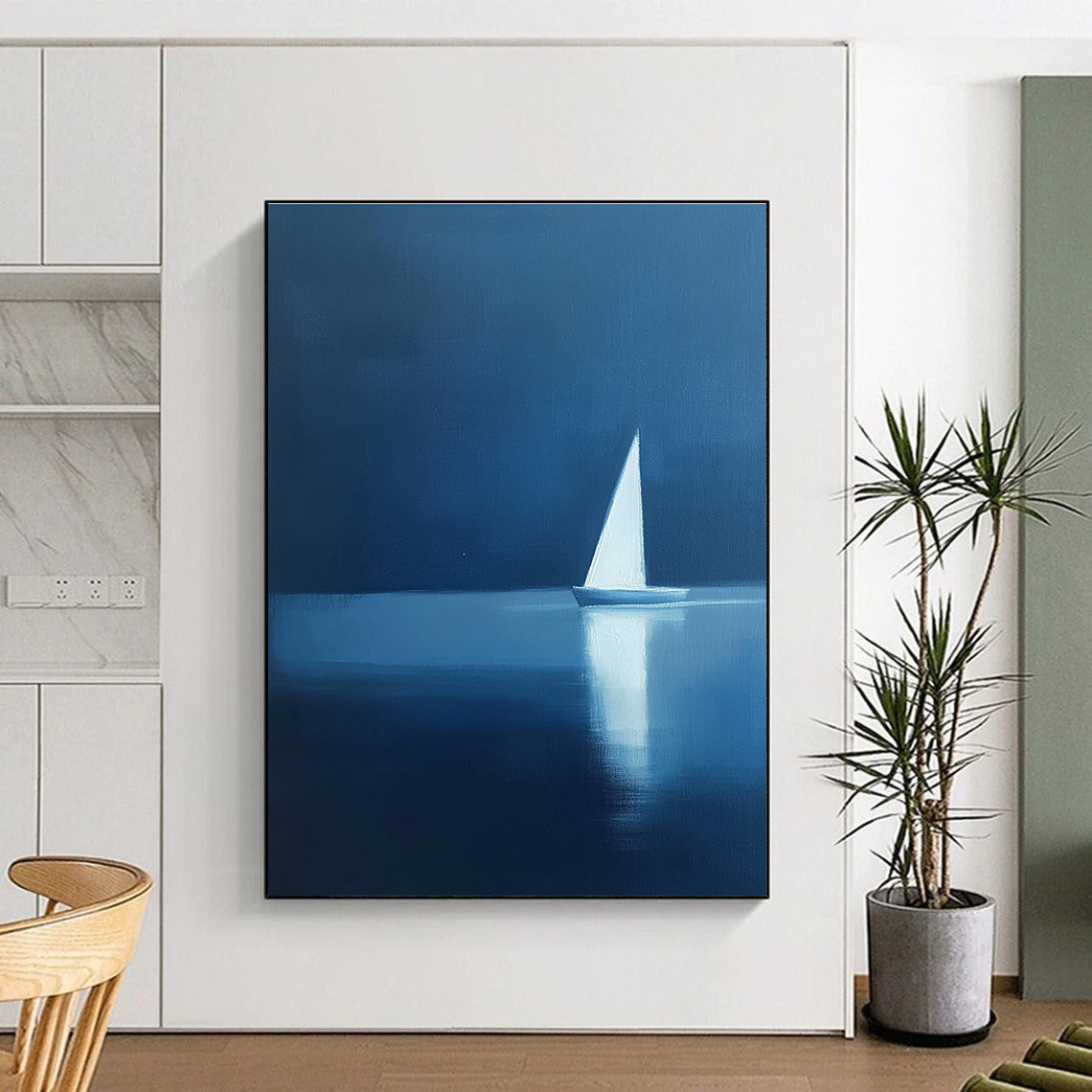 Abstract painting featuring a minimalist silhouette of a sailboat on calm water with elegant blue and white hues, creating a serene atmosphere.STSC1087