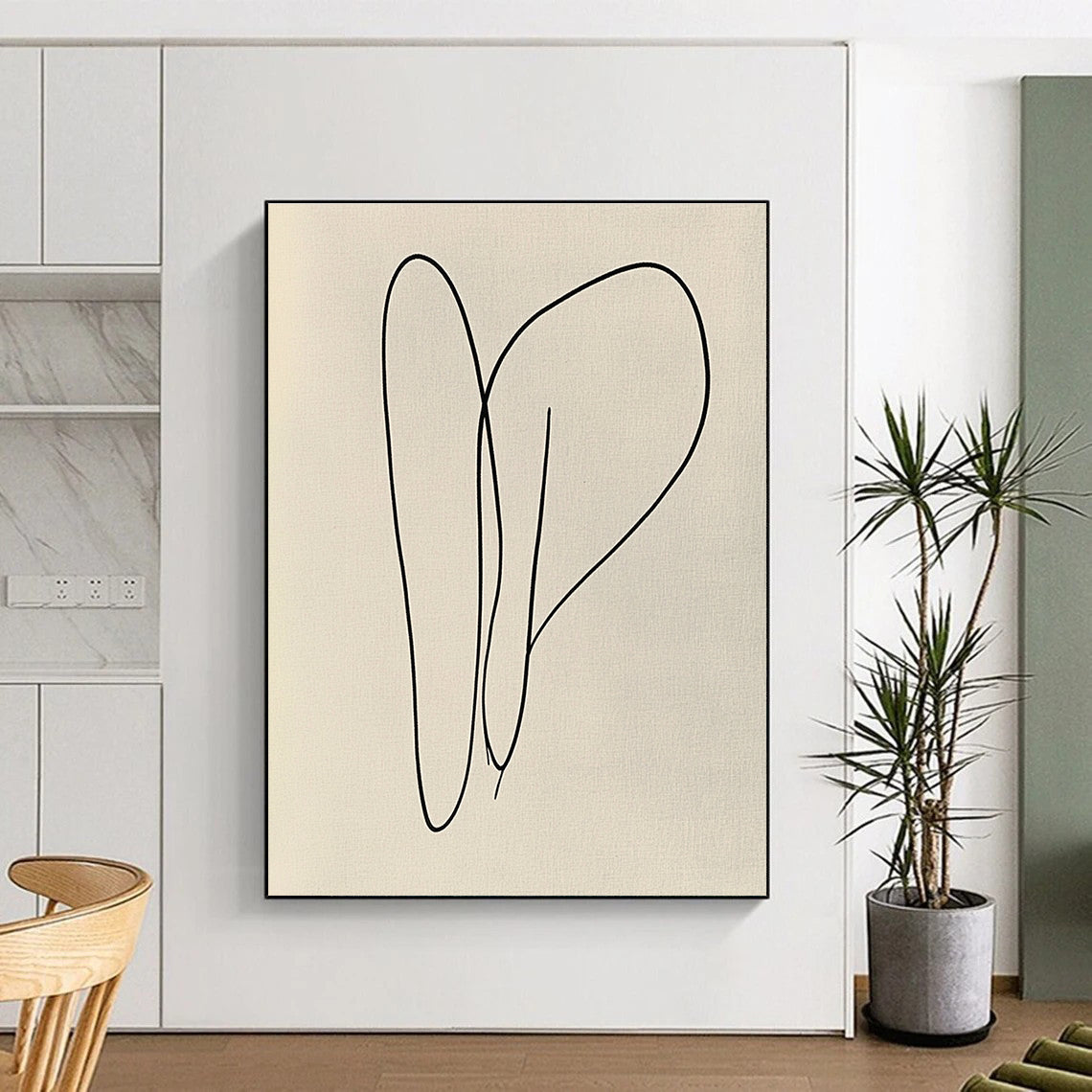 Large abstract artwork featuring bold black lines on light grey paper with organic shapes in a continuous line style evoking joy and vibrancy.STSC1182