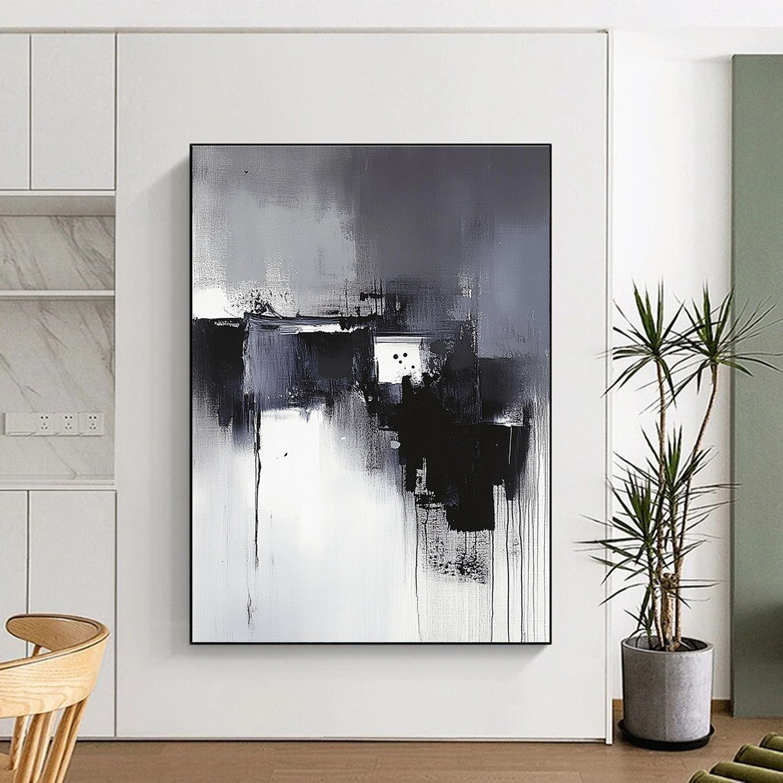 Large abstract painting in black and white with a neutral background inspired by Wu Guanzhong's artistic style.STSC617