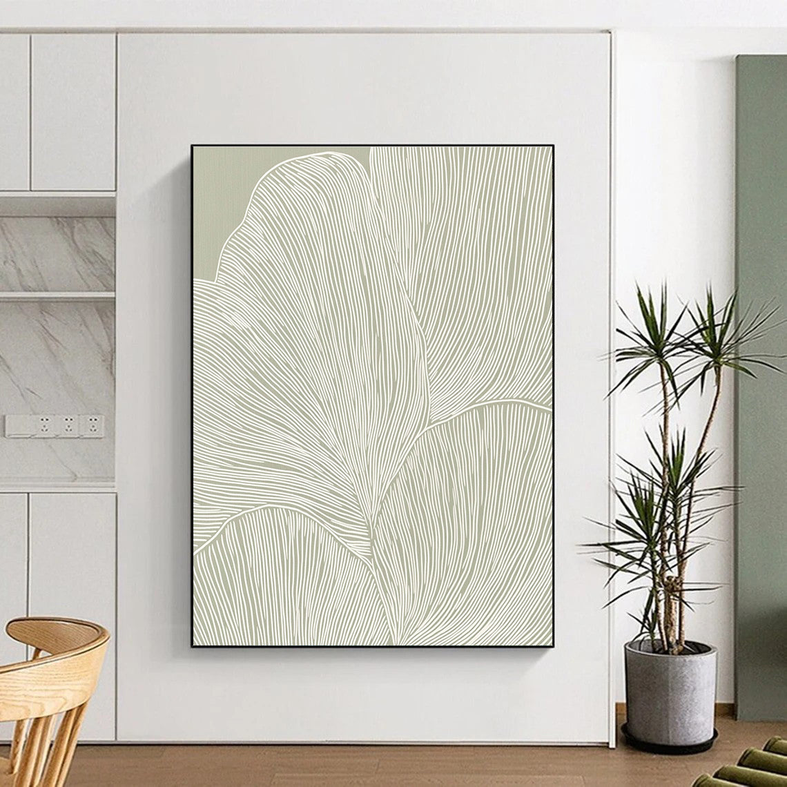 Large abstract art features elegant white line petals on soft gray beige paper creating a tranquil minimalist pattern with seamless curves.STSC1483