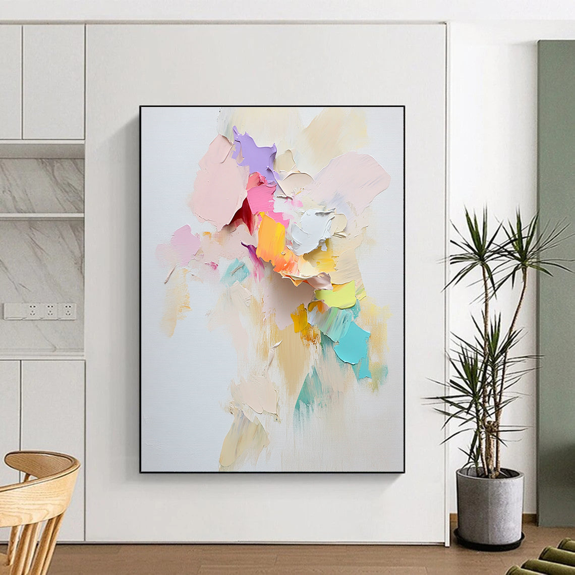 Large abstract painting with loose textured paint and pastel paper pieces suggesting movement featuring a prominent torn scrapbook paper centerpiece.STSC1248