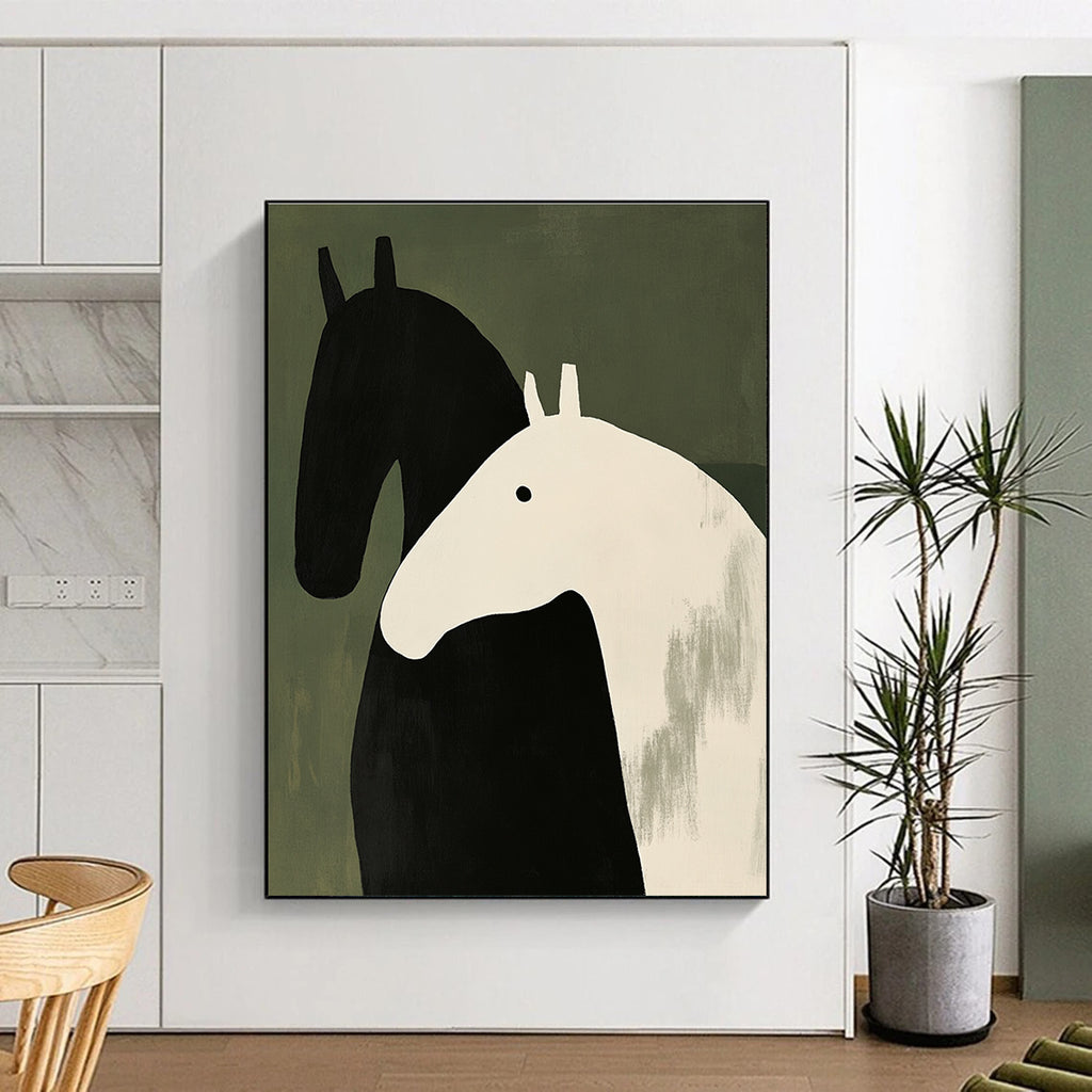 Large abstract painting featuring two horses in black and white with thick brushstrokes on a green background inspired by Henri Matisse's minimalism.STSC1077