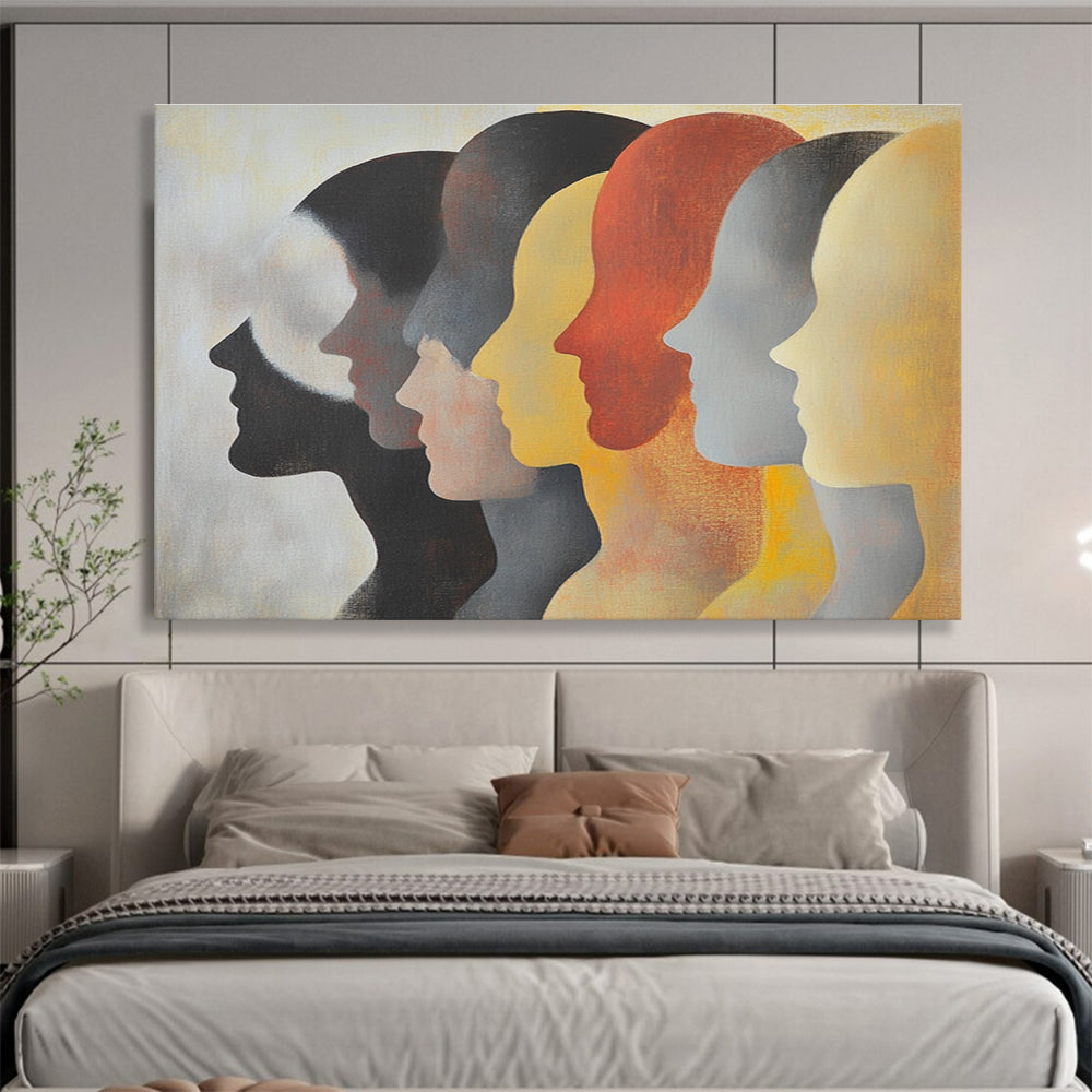 Large abstract painting featuring faces in profile with diverse skin tones and hairstyles in soft colors on a light background.SC548