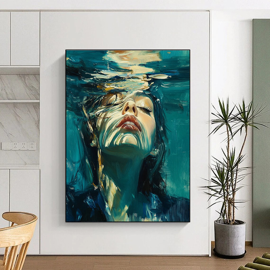 Abstract oil painting of a woman underwater with long hair wearing a dark blue suit with white details against a teal and turquoise background.STSC178