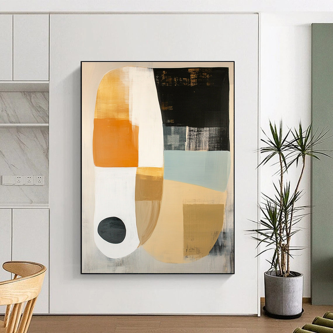 Large abstract painting featuring white beige and black shapes on soft gray with orange circle and light blue oval accents.STSC762