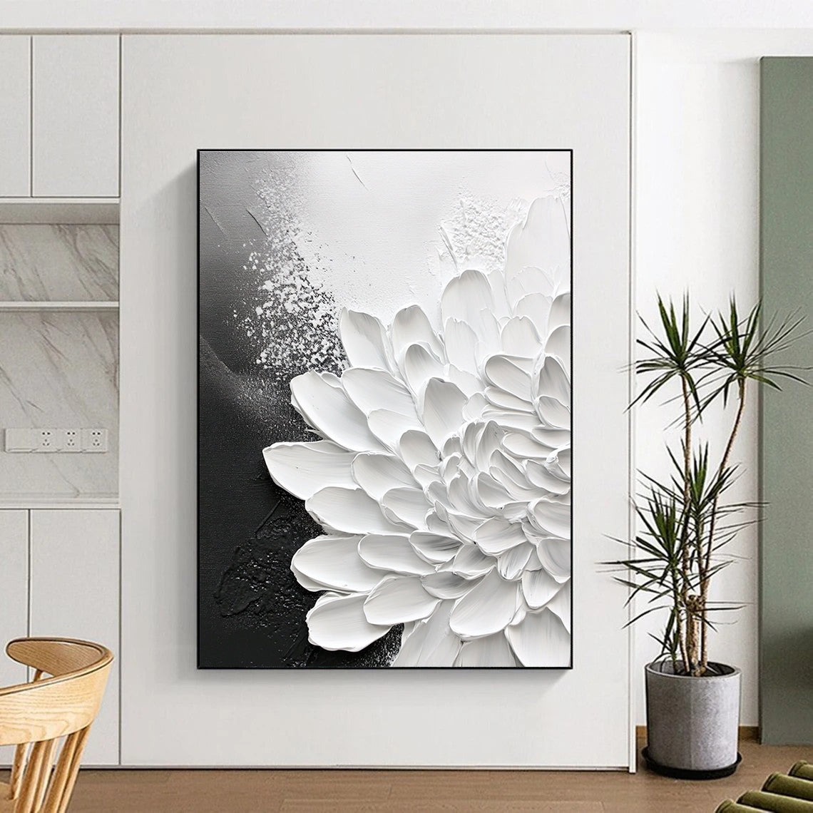 Large abstract painting of chrysanthemum on textured canvas with black and gray background featuring stunning close-up details.STSC518