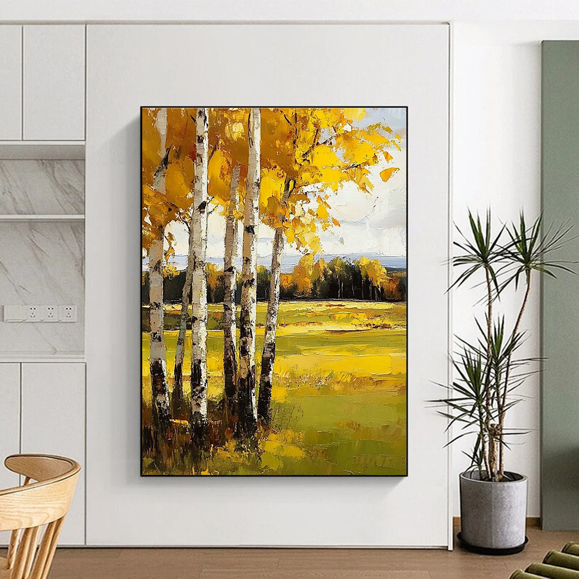 Abstract painting featuring yellow birch trees vibrant autumn colors textured depth and realistic detail in a captivating landscape setting.STSC1015