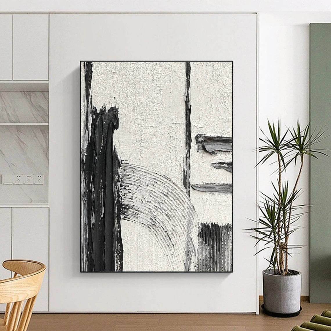 Black and White Geometric Textured Abstract Painting ADGE386