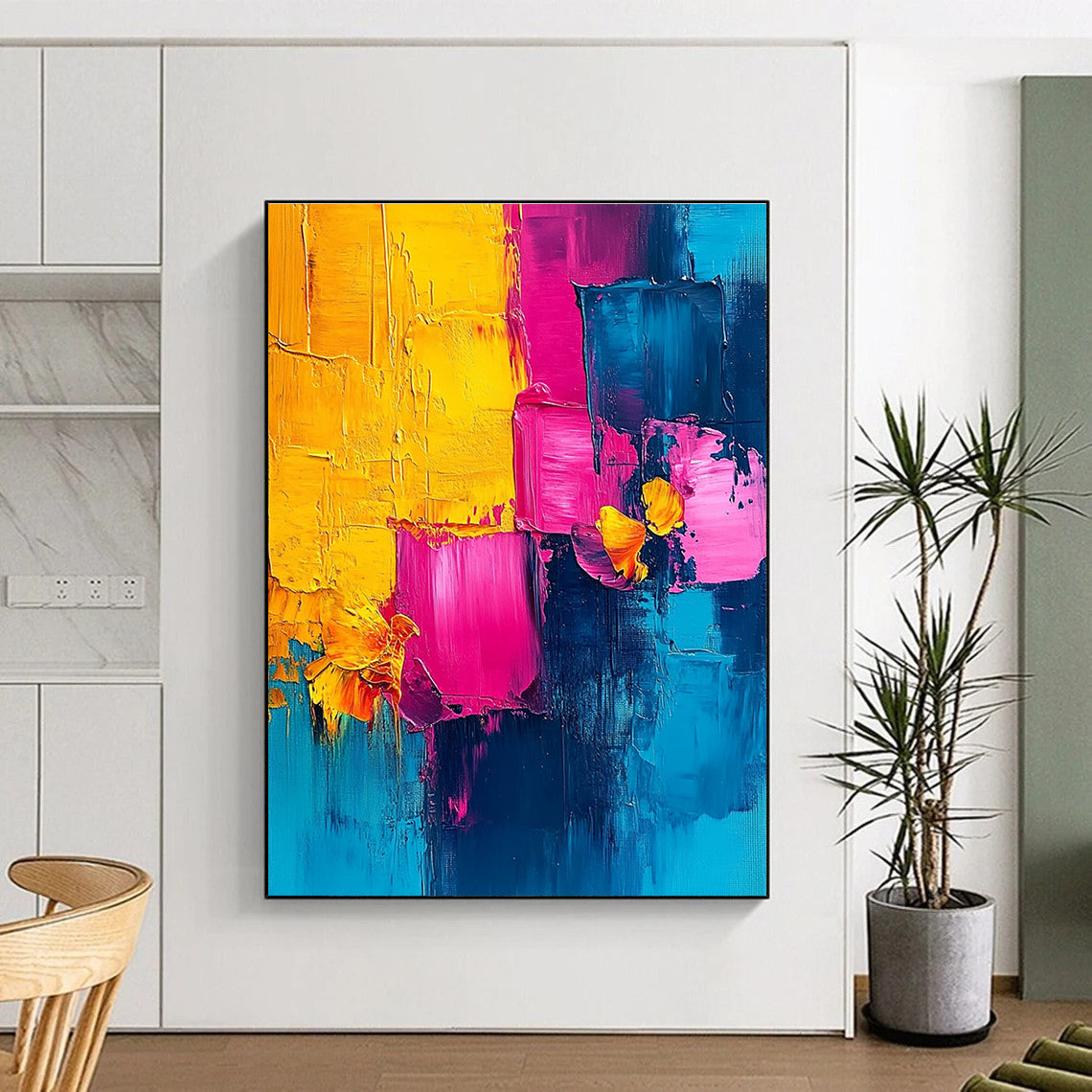 Vibrant abstract painting with pink blue yellow and teal using palette knife technique perfect for enhancing any space.STSC495