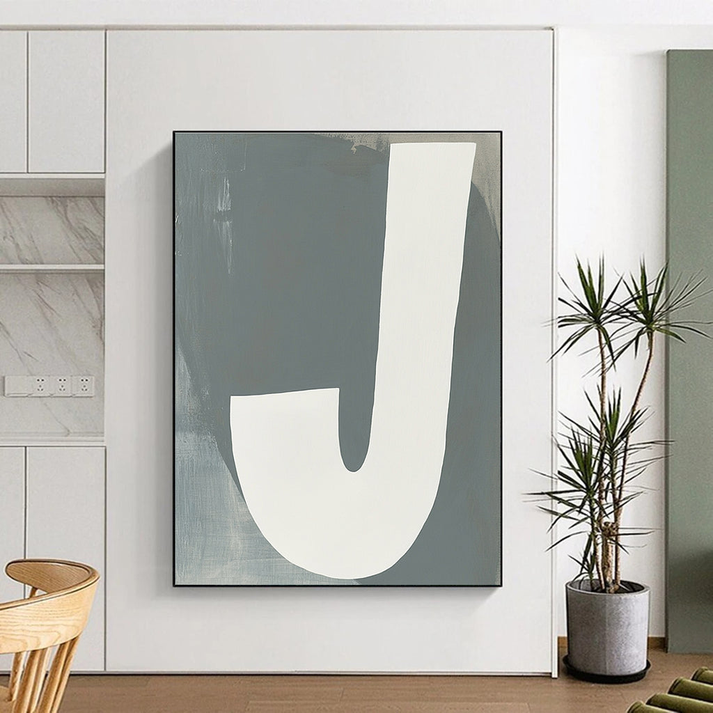 Large abstract painting featuring white and gray tones resembling a J with a neutral background promoting calmness and modern elegance.STSC1113