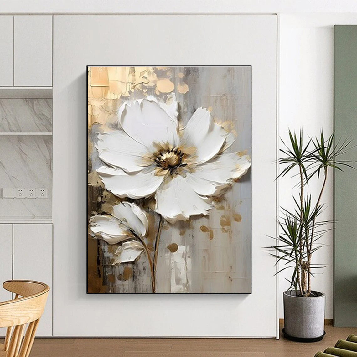 White Flower Textured Abstract Painting with Gold Accents ADGE300