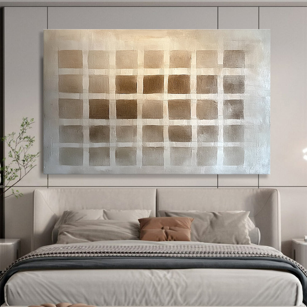Large abstract painting featuring a symmetrical grid in brown shades, resembling woven fabric, with subtle shading for depth and texture.SC530