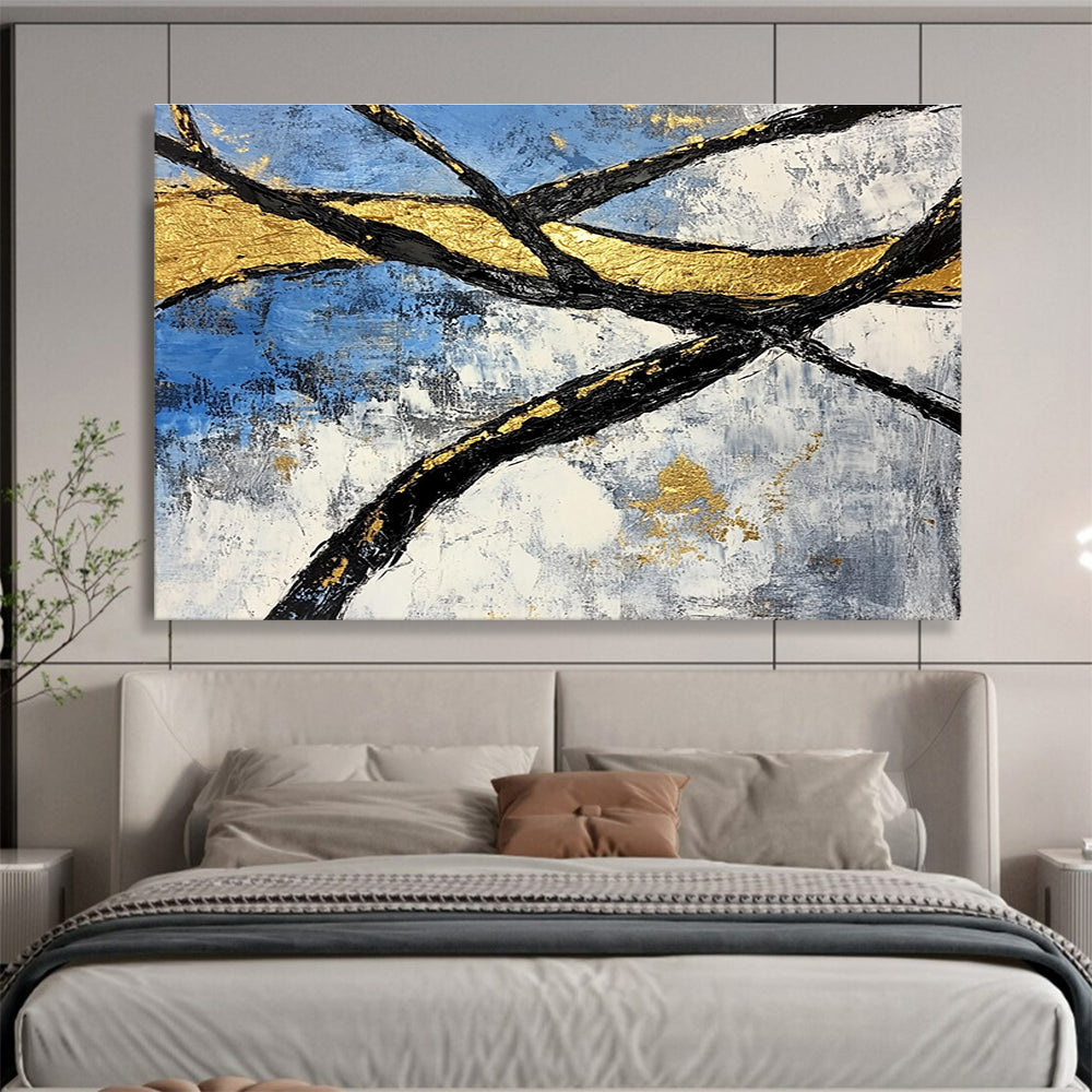 Golden Branches Abstract Painting with Blue and Gold Tones DYP525