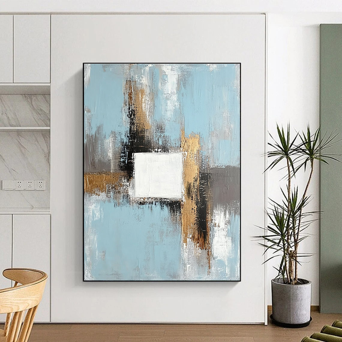 Light Blue Gold and Gray Abstract Painting with Geometric Forms GER555