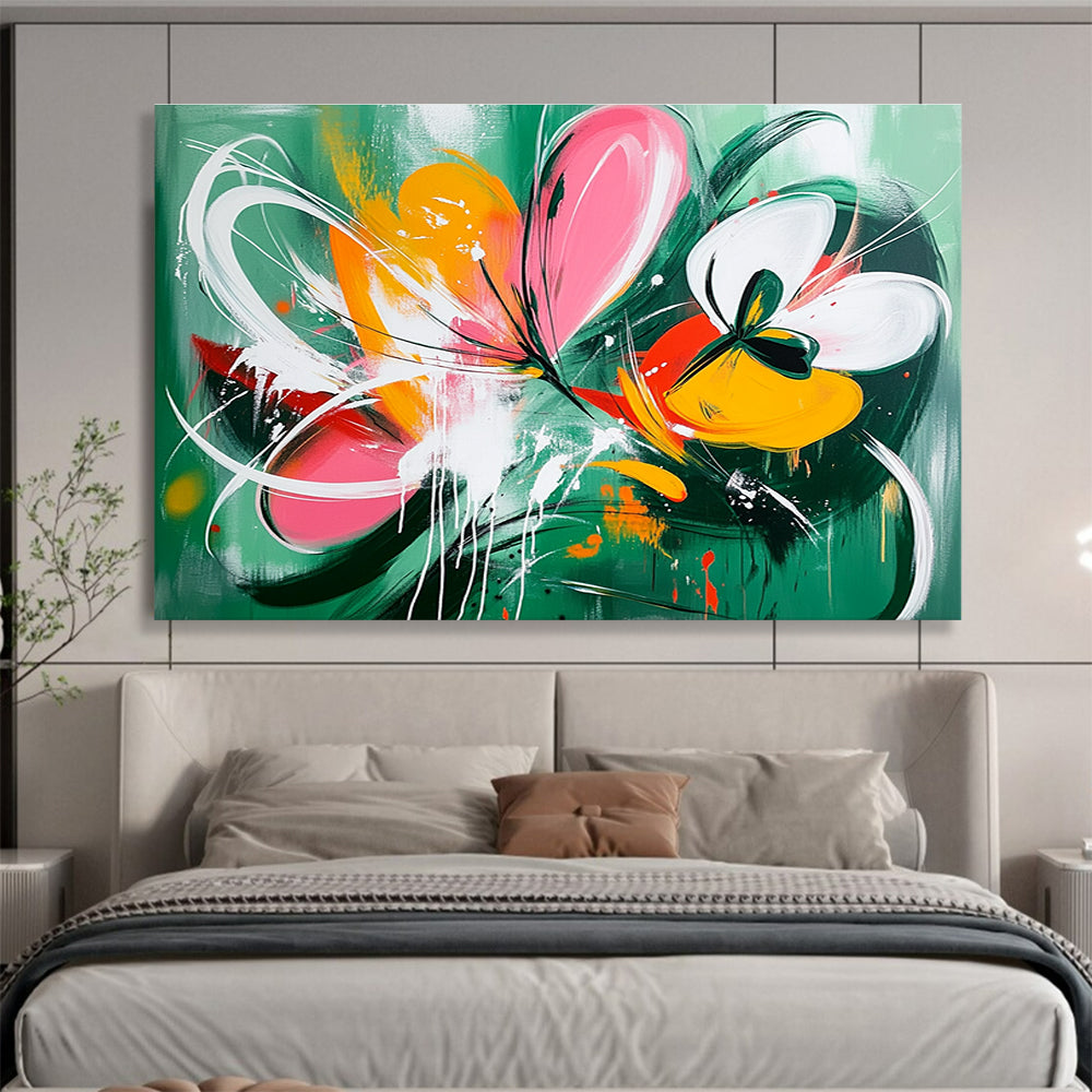 Large abstract painting of wildflowers with dynamic splashes and shapes in green pink yellow and orange accented by white lines and butterflies.SC207