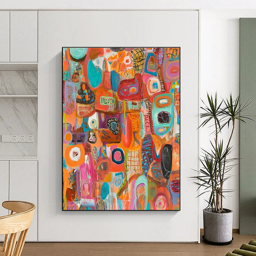 A large abstract painting bursting with vibrant colors and intricate layers, featuring diverse shapes, symbols, and musical notes in a chaotic yet harmonious composition.STSC1221