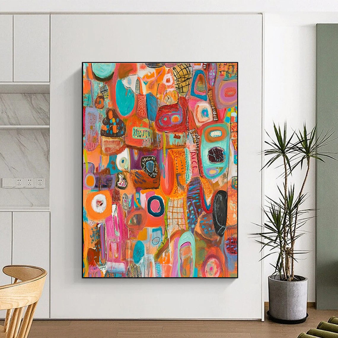 A large abstract painting bursting with vibrant colors and intricate layers, featuring diverse shapes, symbols, and musical notes in a chaotic yet harmonious composition.STSC1221