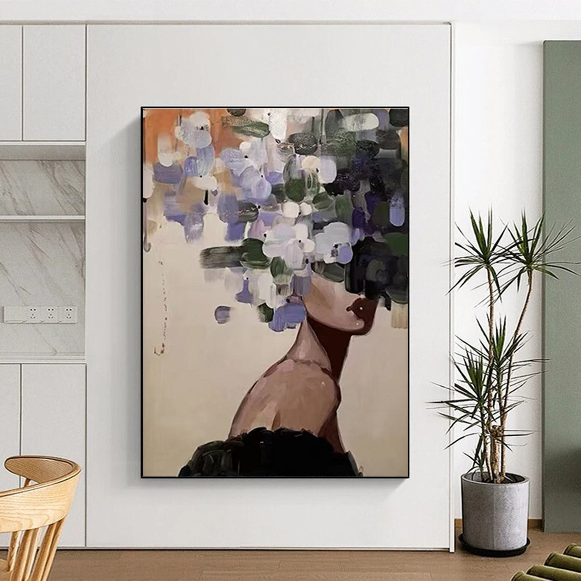 Figure with Flower Head Abstract Painting in Purple and Green ADGE309