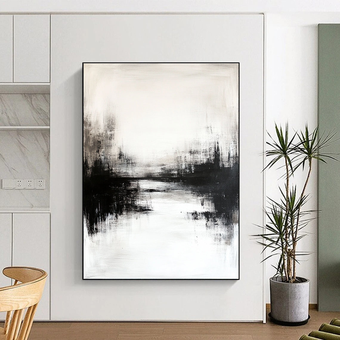 Large abstract painting featuring black and white tones with soft hazy reflections in neutral colors creating a low-contrast atmospheric effect.STSC234