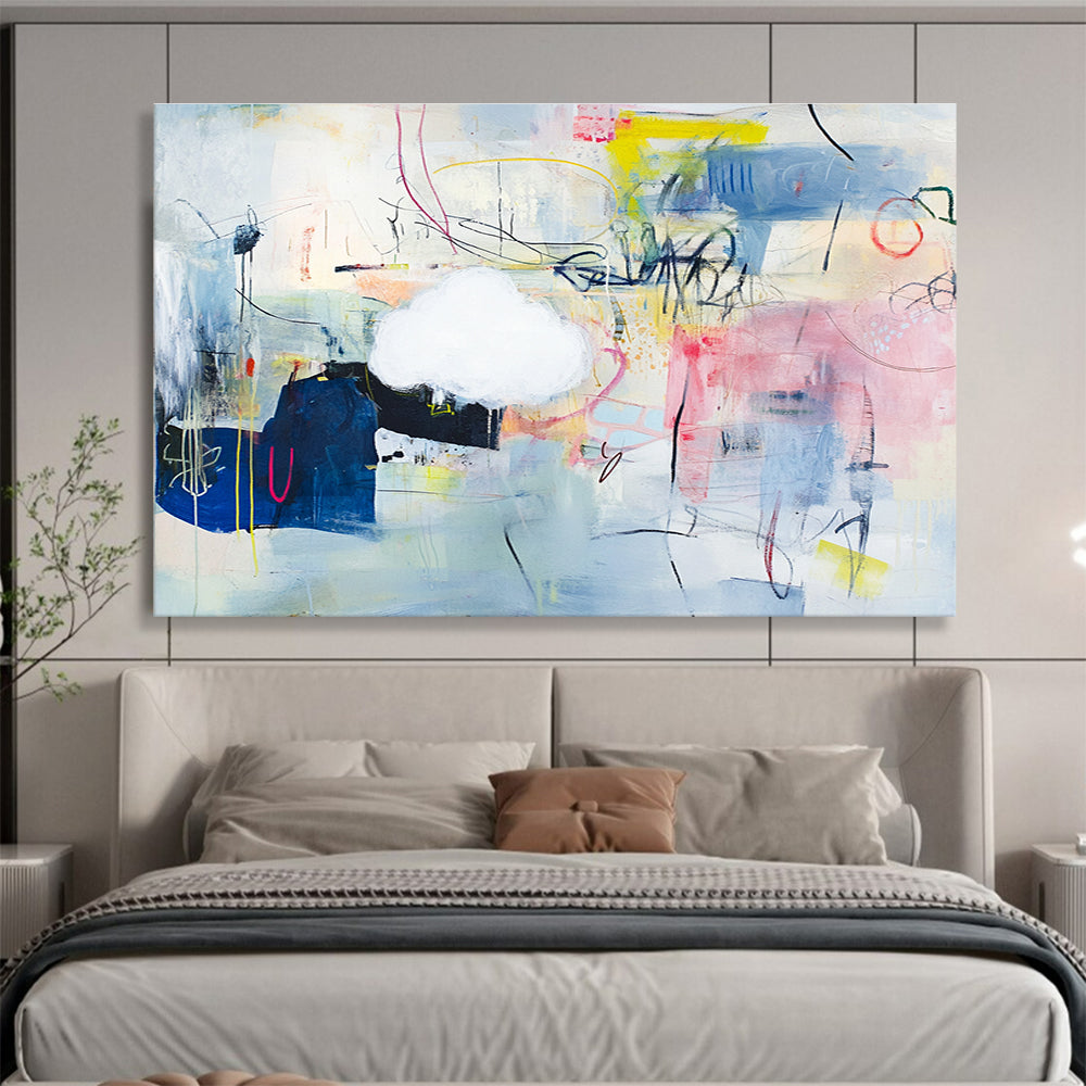 Large abstract painting featuring playful shapes and lines on a light blue background with mixed media collage elements and vibrant textural accents.SC477