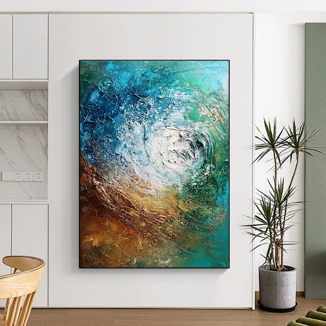Large abstract painting depicting an underwater scene with textured brush strokes in rich shades of brown blue-green and metallic accents.STSC832