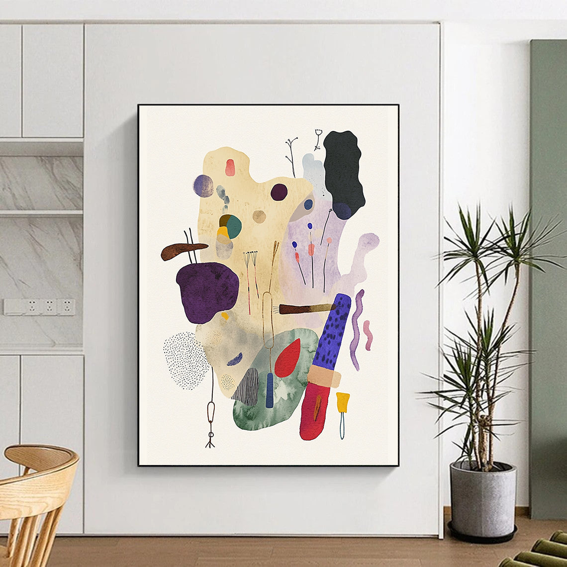 A large abstract watercolor and ink illustration featuring whimsical objects in muted pastel tones and playful textures on a textured paper background.STSC1238