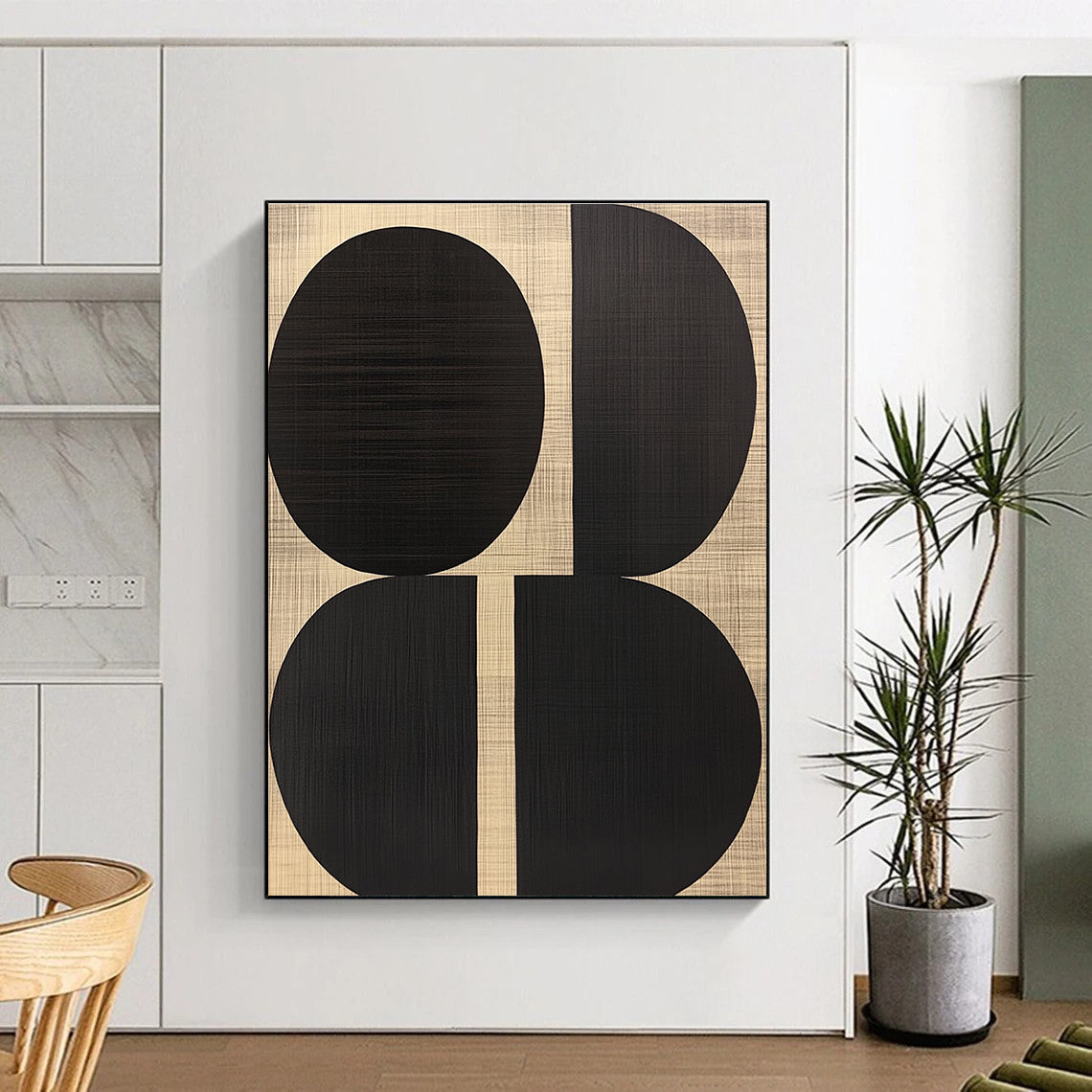 Black Oval Shapes Abstract Art on Textured Beige GER242
