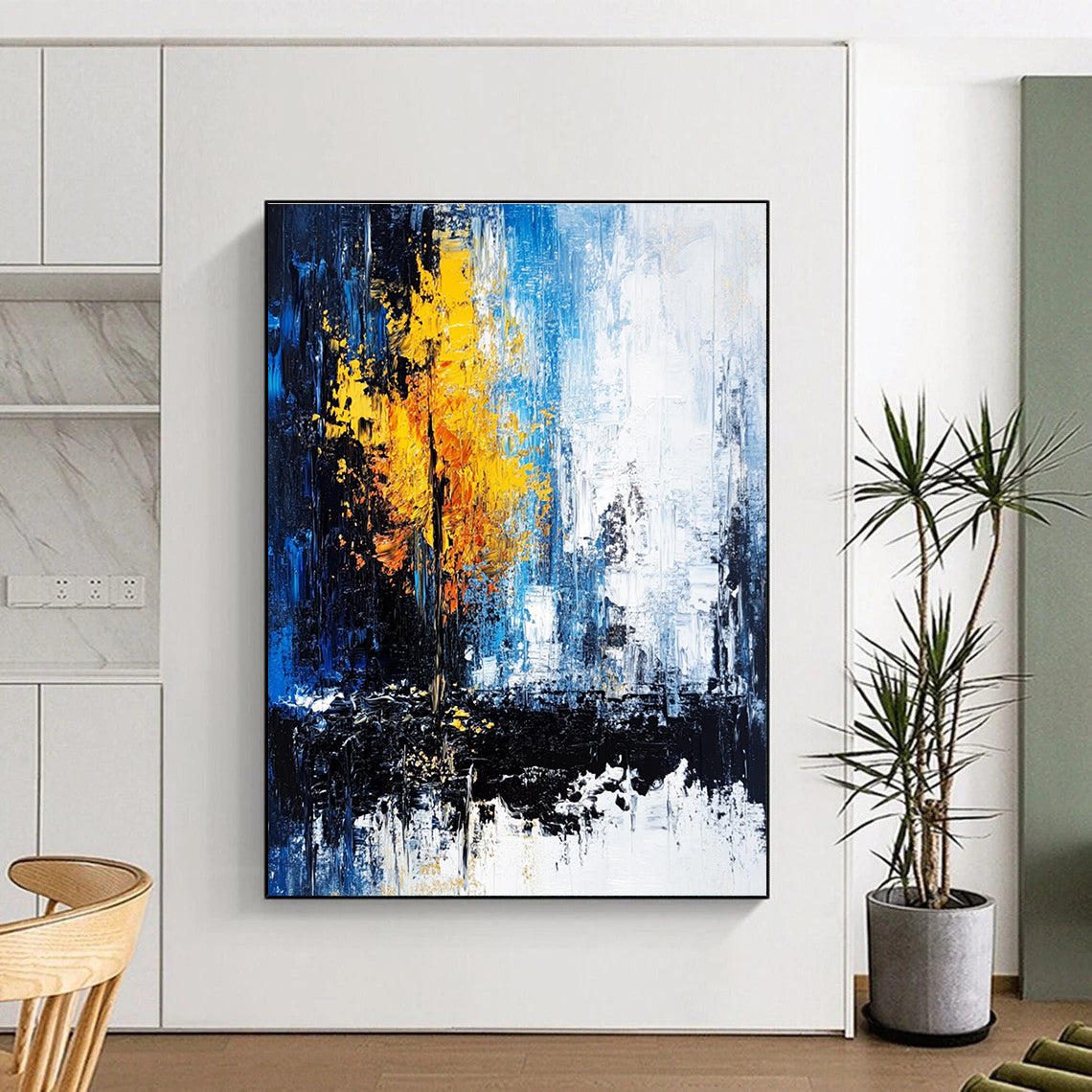 Blue and Yellow Abstract Painting with a Symbolic Tree GER398