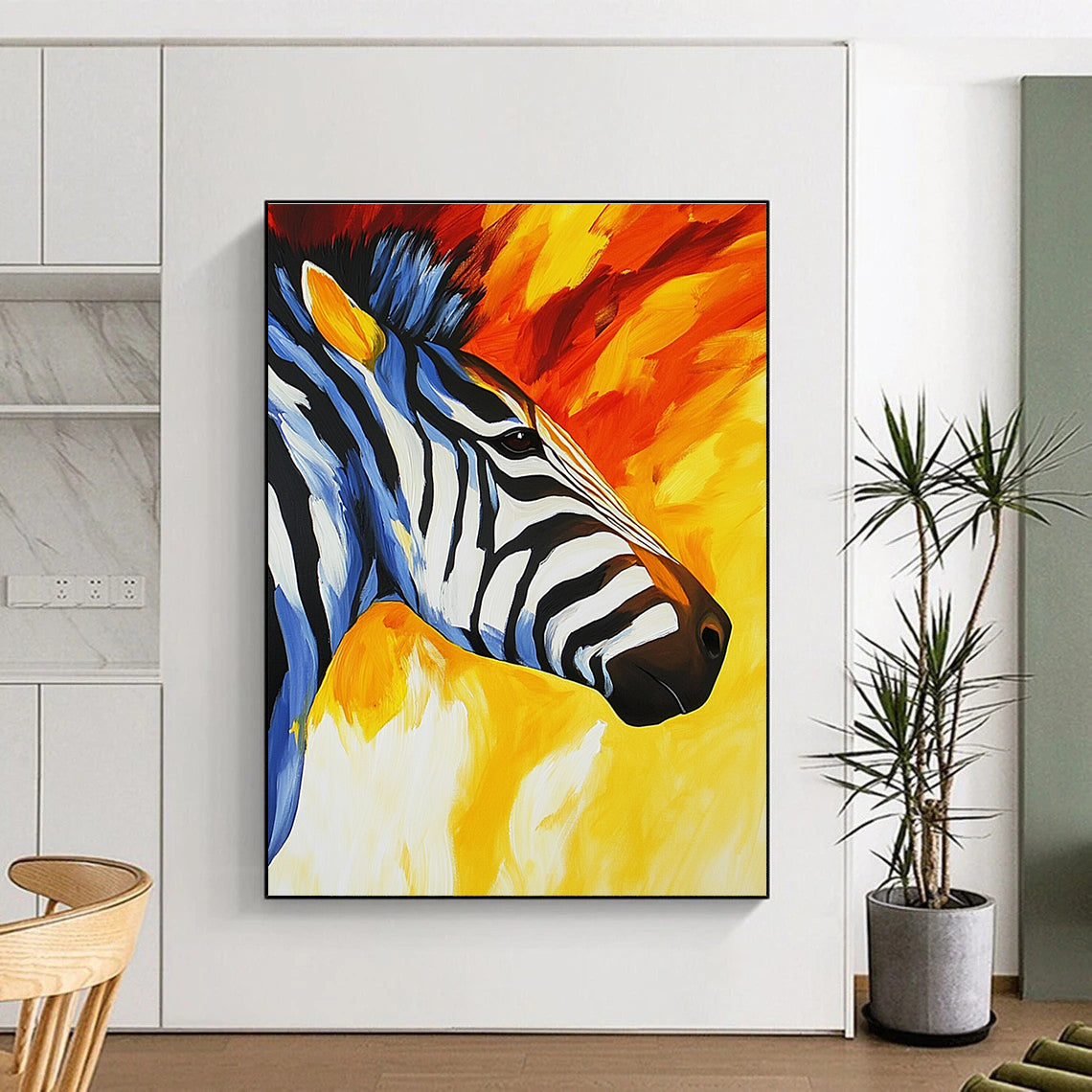Abstract painting featuring a zebra's face and neck with vibrant stripes in yellow orange red blue white and black capturing movement and texture.STSC961