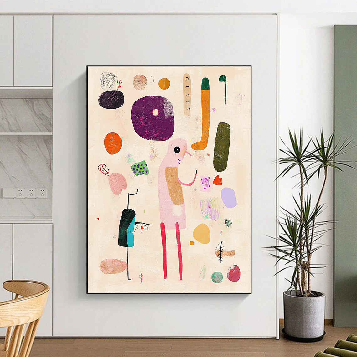 Large abstract artwork featuring hand-drawn shapes and playful lines on a beige background with pink and green accents.STSC1287