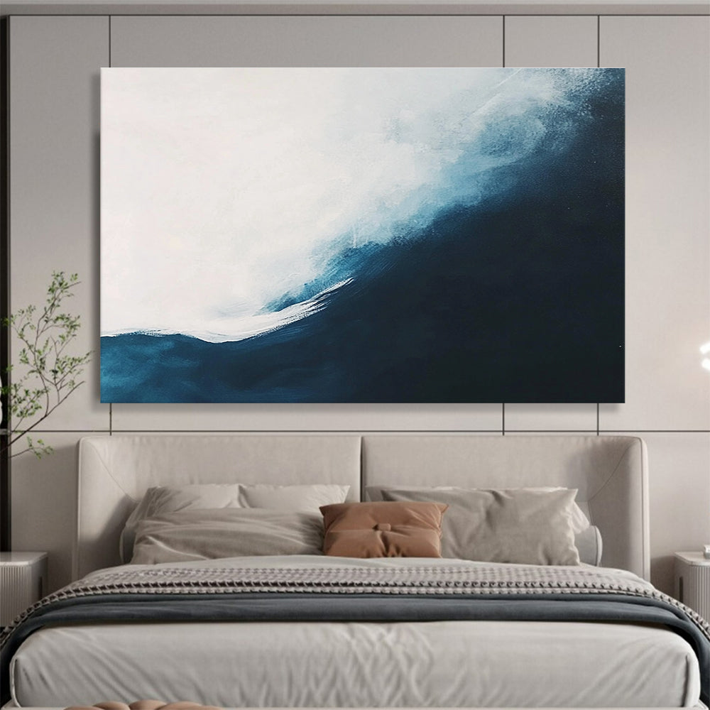 Abstract painting of an ocean wave featuring white and dark blue tones in a minimalist style, perfect for modern decor.SC162