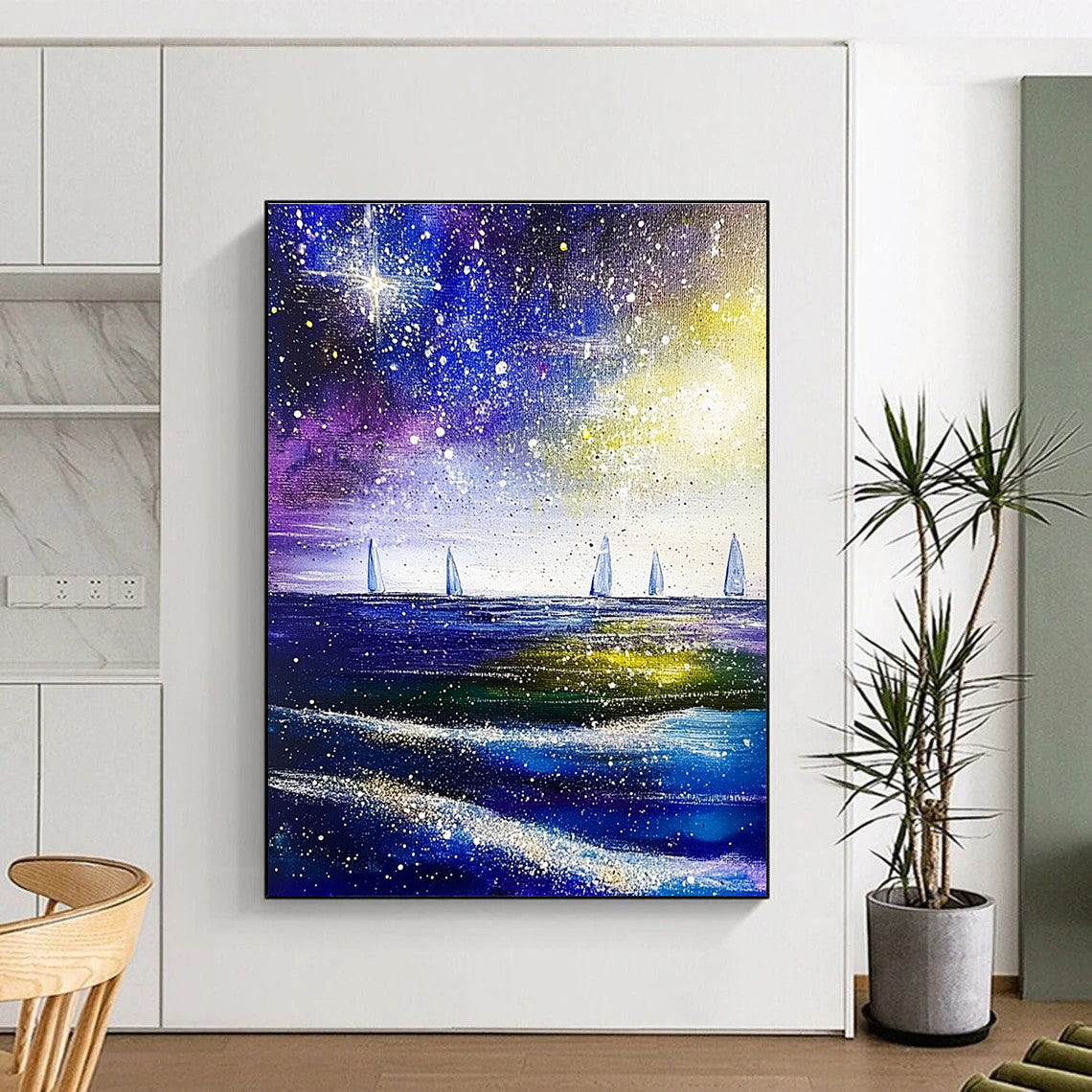 Large abstract painting of the sea and sky featuring stars and distant sailboats in vibrant shades of purple blue green and white.STSC852