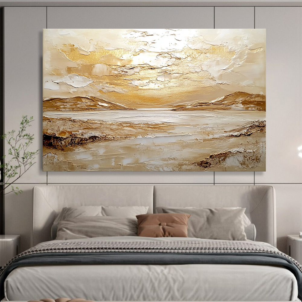 Large abstract painting inspired by Scottish Highlands featuring textured oil, golden light, endless sea, and distant mountains in soft white and beige hues.SC482