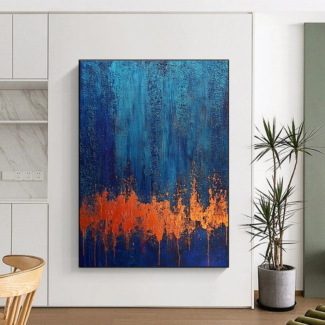 Large abstract painting on textured canvas showcasing rust and blue tones evoking a twilight forest with a copper bark-like foreground.STSC720