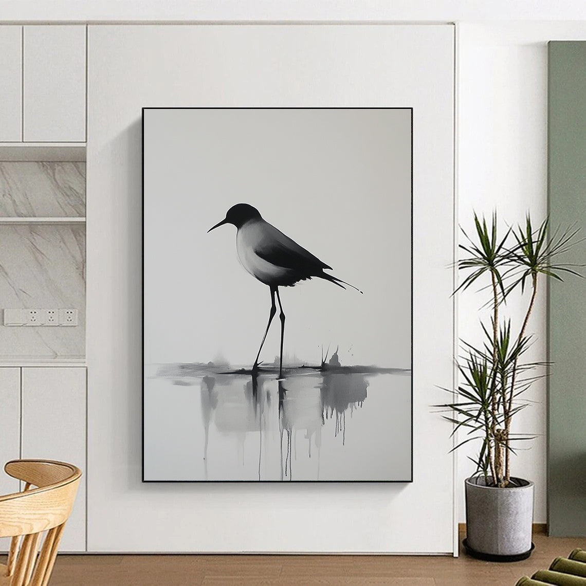 Abstract painting of a long-legged bird walking on water with minimalistic lines and reflections captured in morning light in a close-up view.STSC911