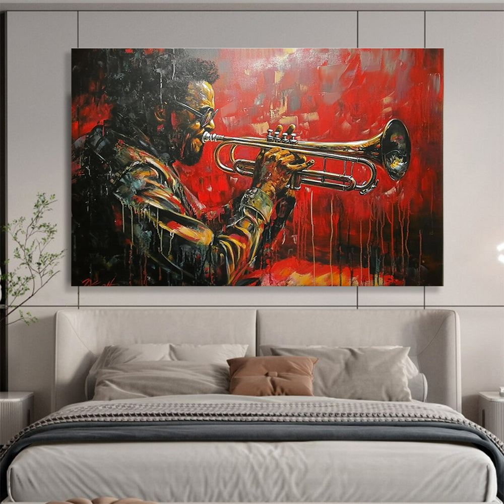 Large abstract painting featuring a trumpet player inspired by Dizzy Gillespie with a red car background and dynamic dripping paint effect.SC120