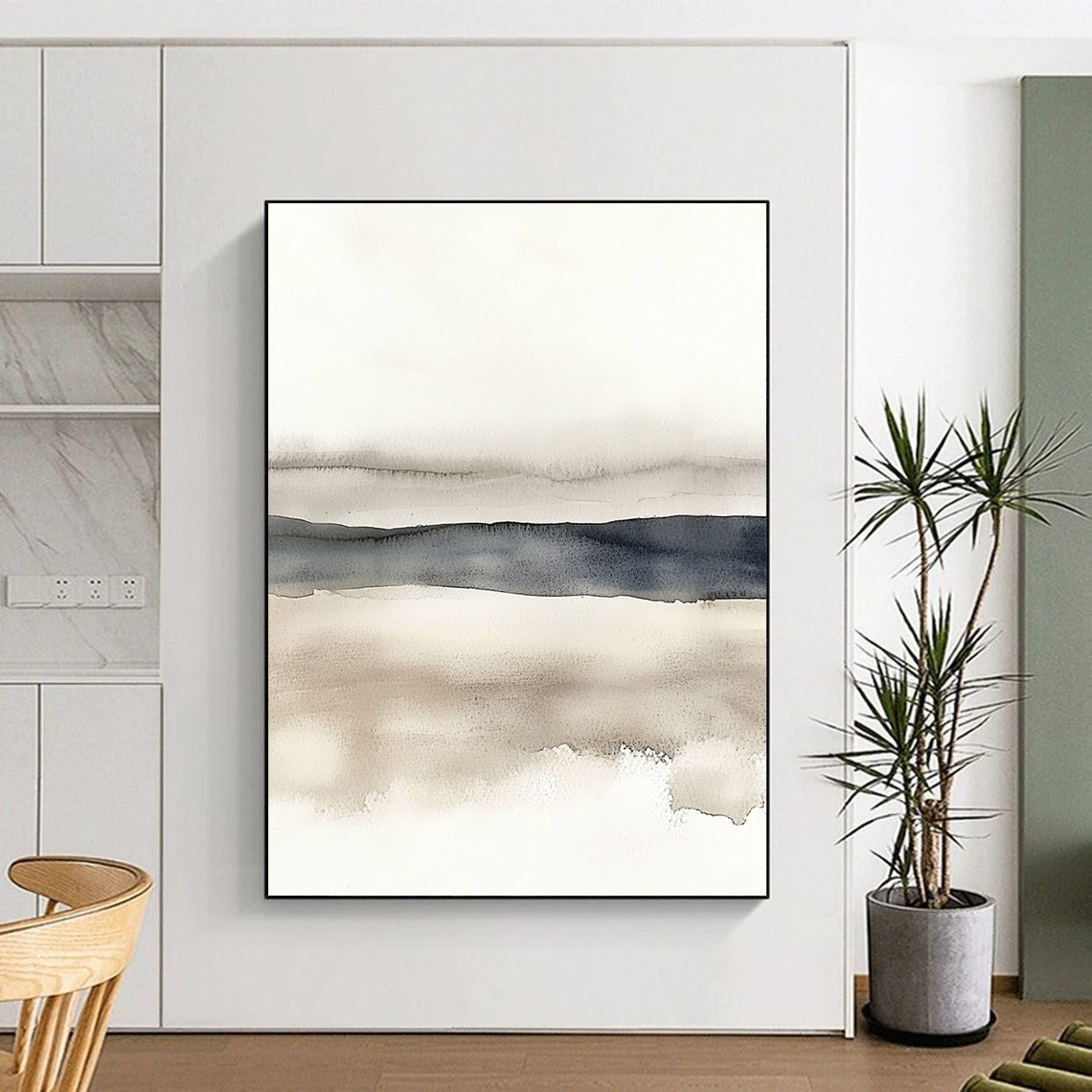 Large abstract watercolor in neutral tones featuring beige grey and navy blue on a white background with horizontal lines for a minimalist landscape.STSC496