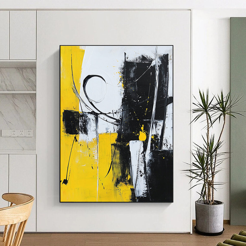 Yellow Black and White Abstract Painting with Dynamic Strokes GER511