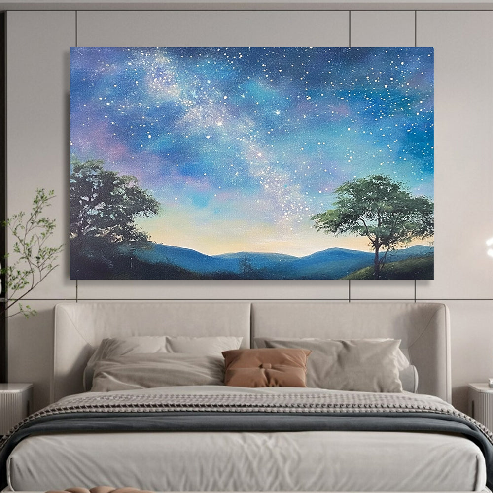 A large abstract painting featuring a serene starry sky with the Milky Way, silhouetted trees on hills, and a fantasy-inspired azure background.SC421