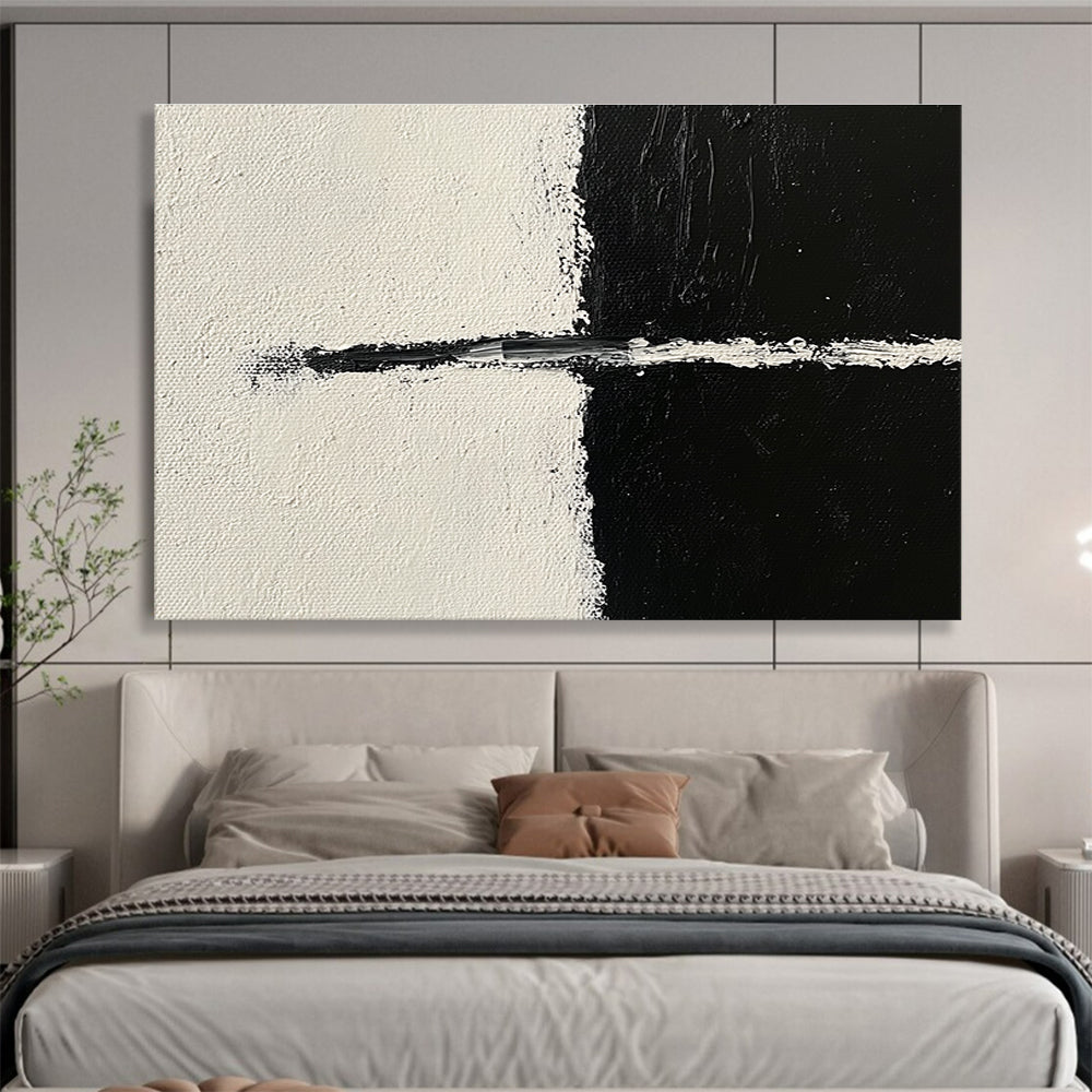 Large abstract painting in black and white featuring simple lines with an arc and bold brush strokes in the upper left corner.SC141