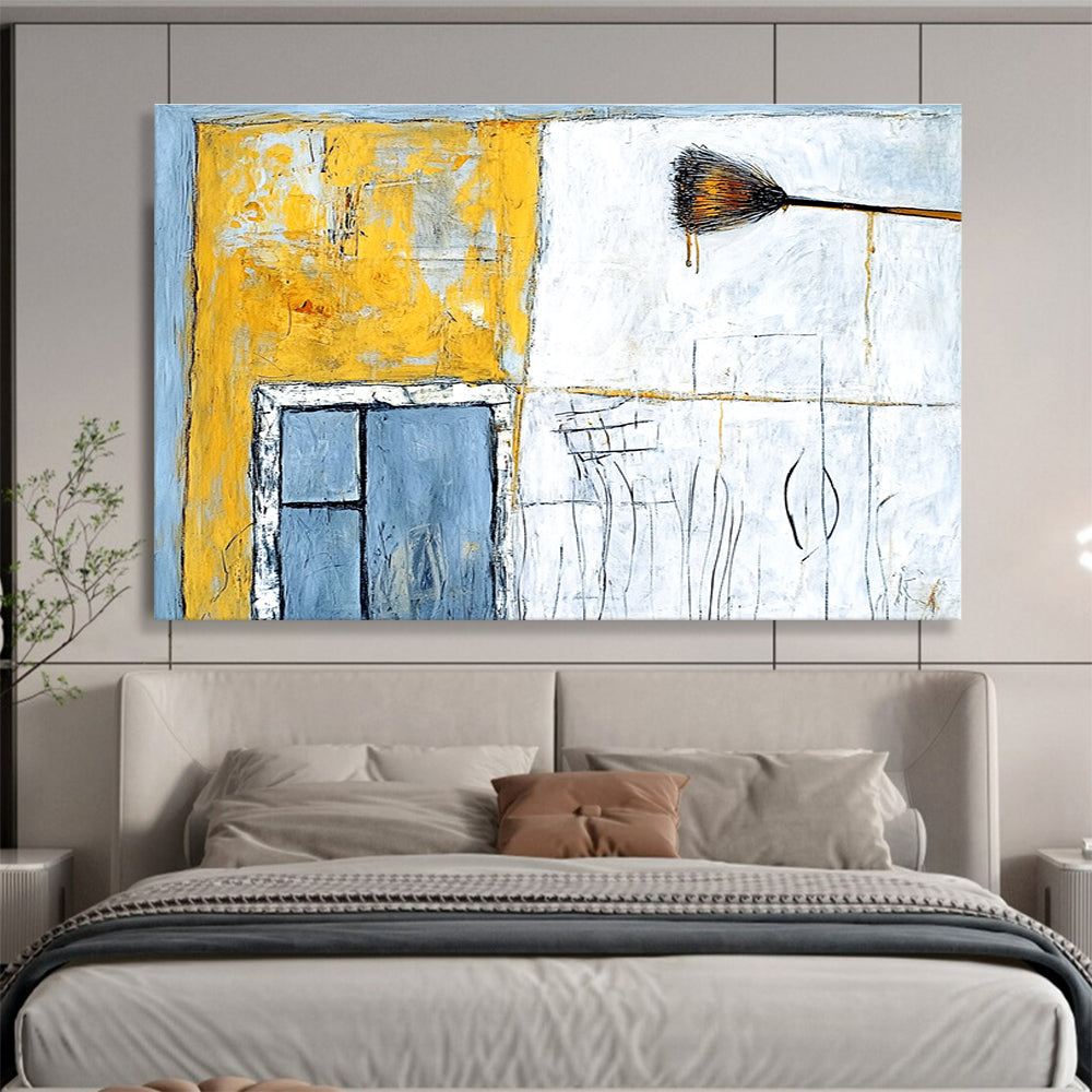 Large abstract painting featuring an old building in yellow and white with an open window and light blue wall details.SC164